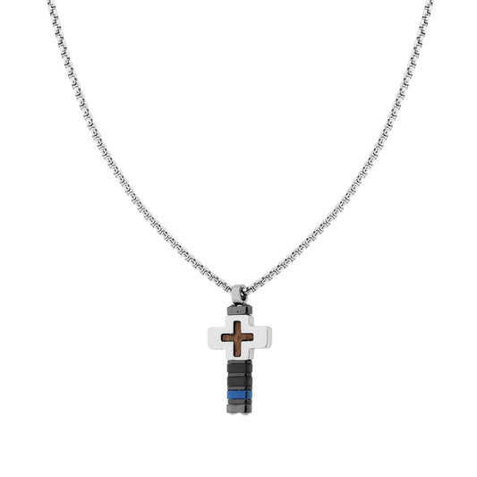 Collana Catena Veneziana Tonda con Croce con Dettagli colore Grigio e Blu e Inserto in Legno in ACCIAIO