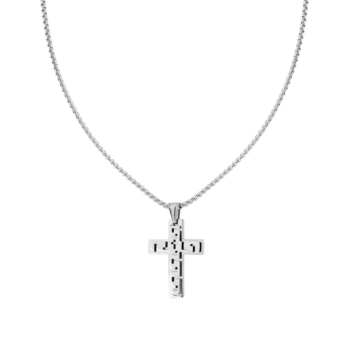 Collana Catena Veneziana Tonda e Croce con Decoro Geometrico traforato in ACCIAIO