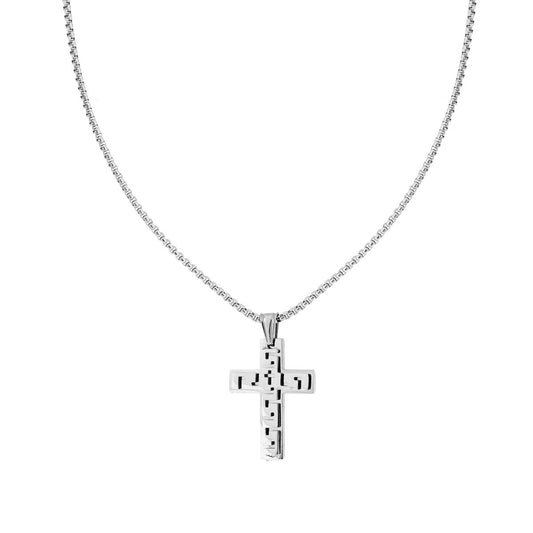 Collana Catena Veneziana Tonda e Croce con Decoro Geometrico traforato in ACCIAIO