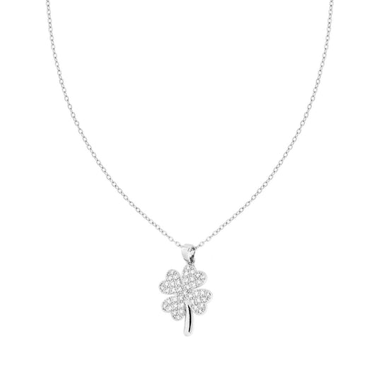 Collana Catena Forzatina Diamantata con Quadrifoglio e Cuori Crystal Bianchi n ACCIAIO