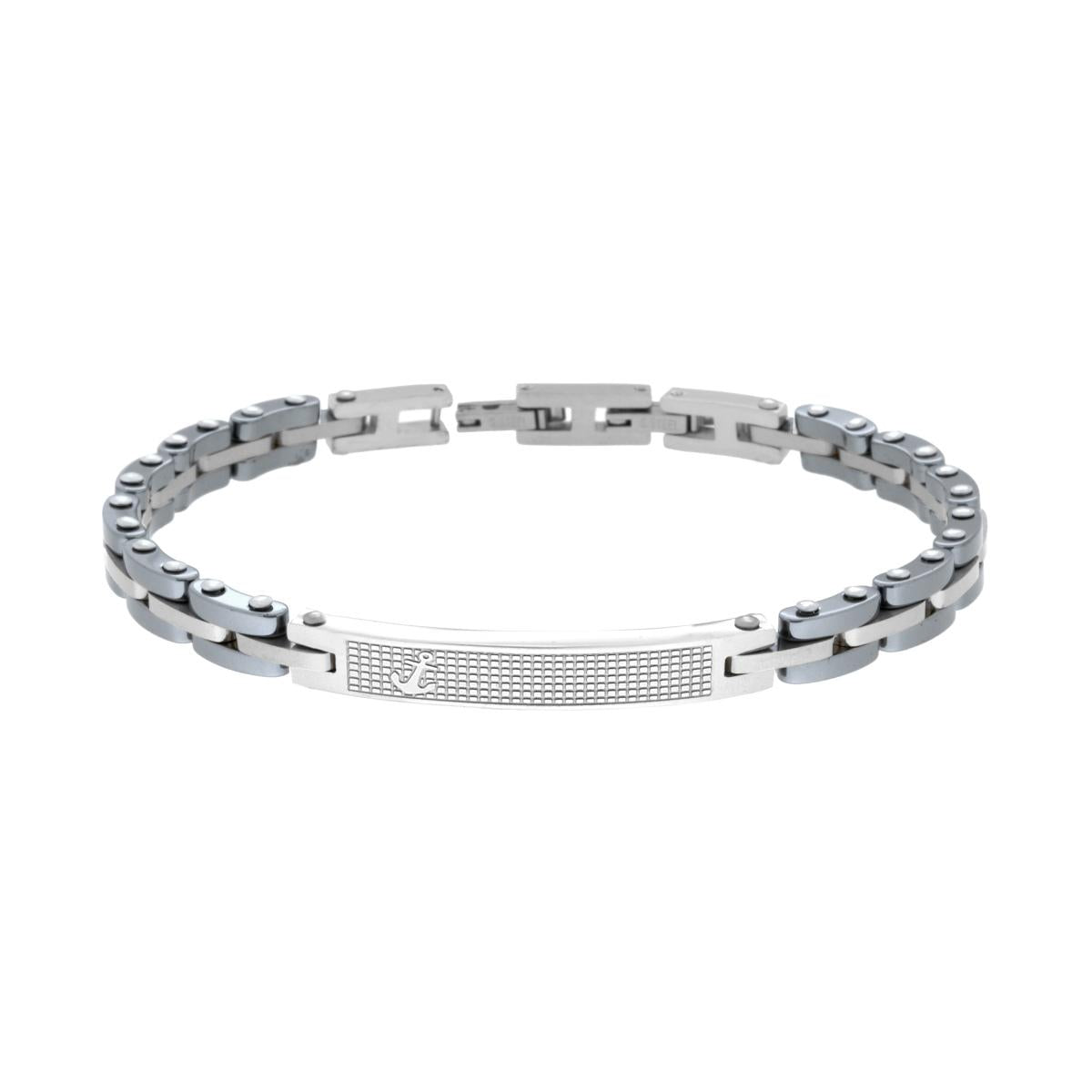 Bracciale Uomo Maglia Imperniata con Ceramica Antracite Targa e Ancora in ACCIAIO