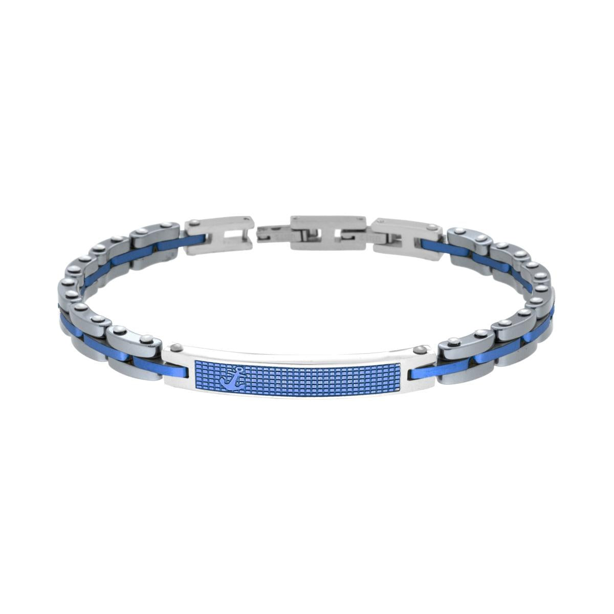 Bracciale Uomo Maglia Imperniata con Ceramica Antracite Targa Blu e Ancora in ACCIAIO