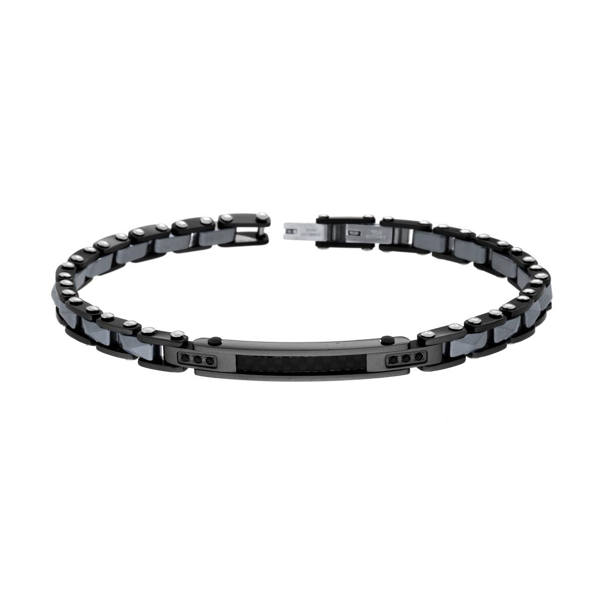 Bracciale Uomo Maglia Imperniata con Targa Nera e Ceramica Antracite Bugnata e Crystal Neri in ACCIAIO