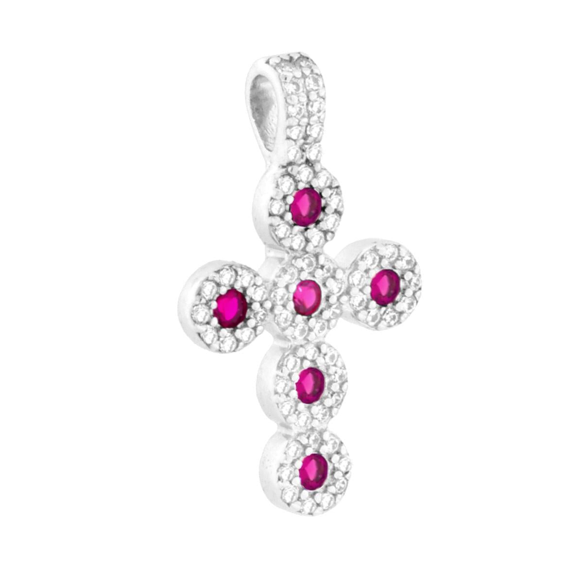 Ciondolo Croce con Cubic Zirconia Rosso Rubino in ARGENTO 925 Galvanica Rodio