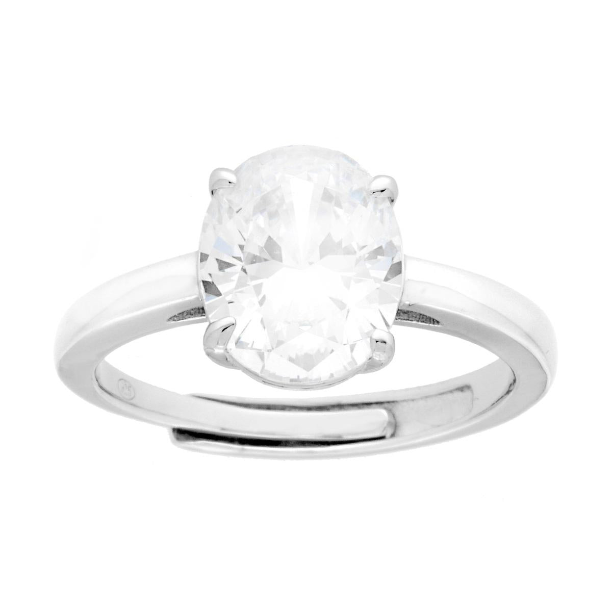Anello Solitario Ovale Cubic Zirconia Bianco mm 10 x 8 in ARGENTO 925 Galvanica Rodio