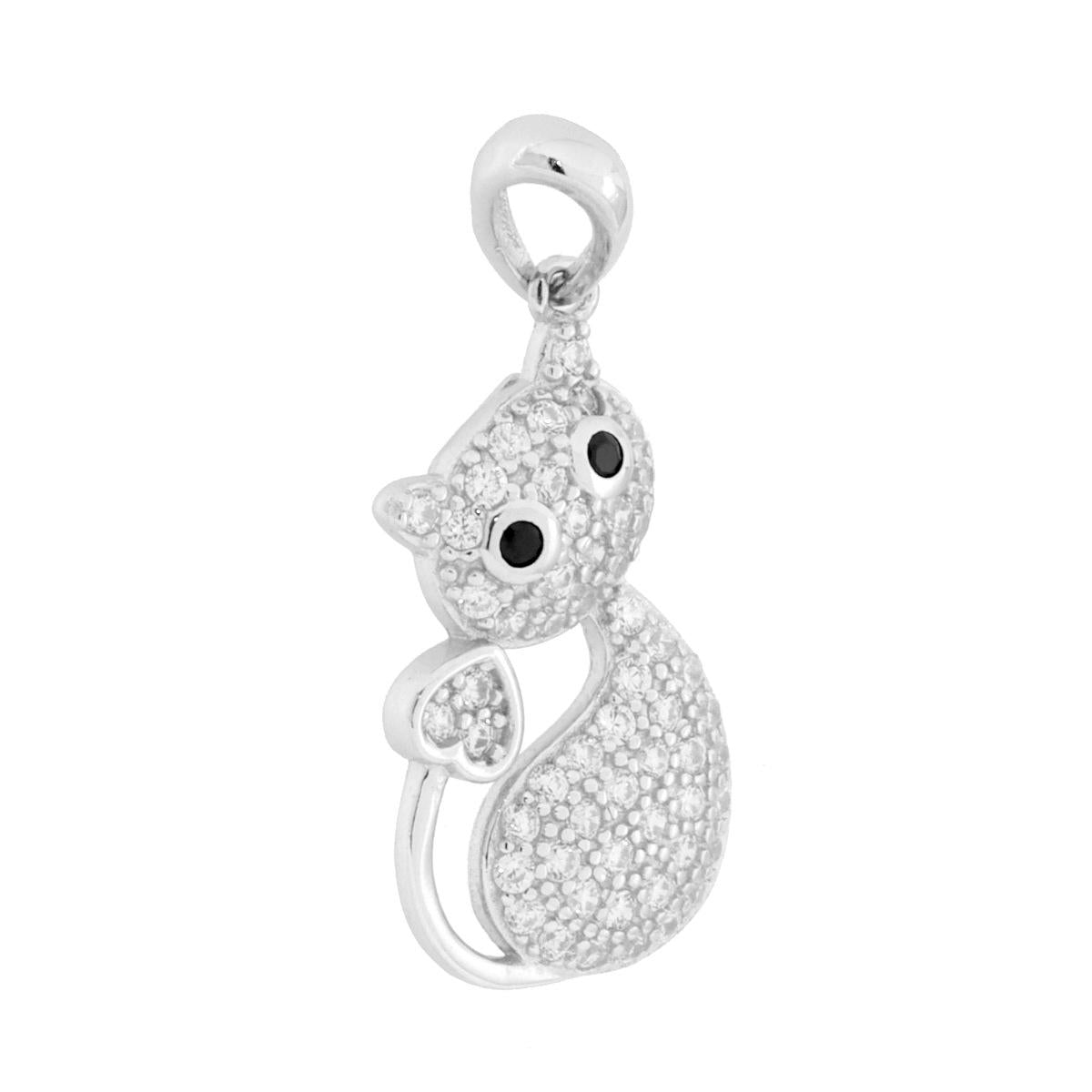 Ciondolo Gatto con Cuore e Cubic Zirconia Bianchi in ARGENTO 925 Galvanica Rodio