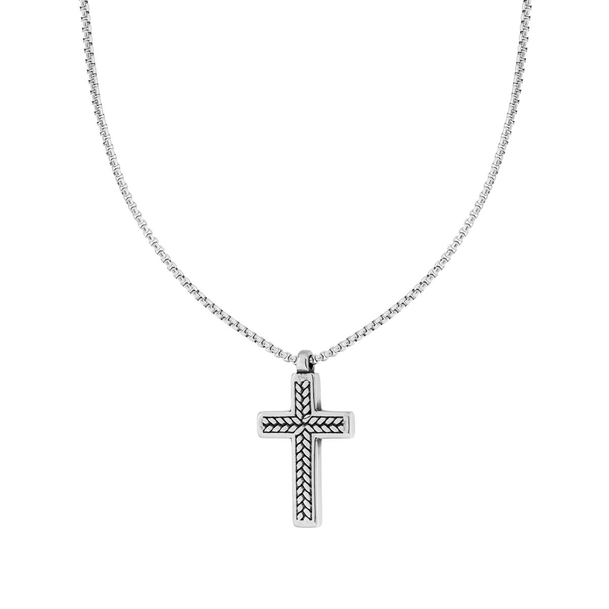 Collana Catena Veneziana Tonda e Croce con Decoro a Treccia in ACCIAIO
