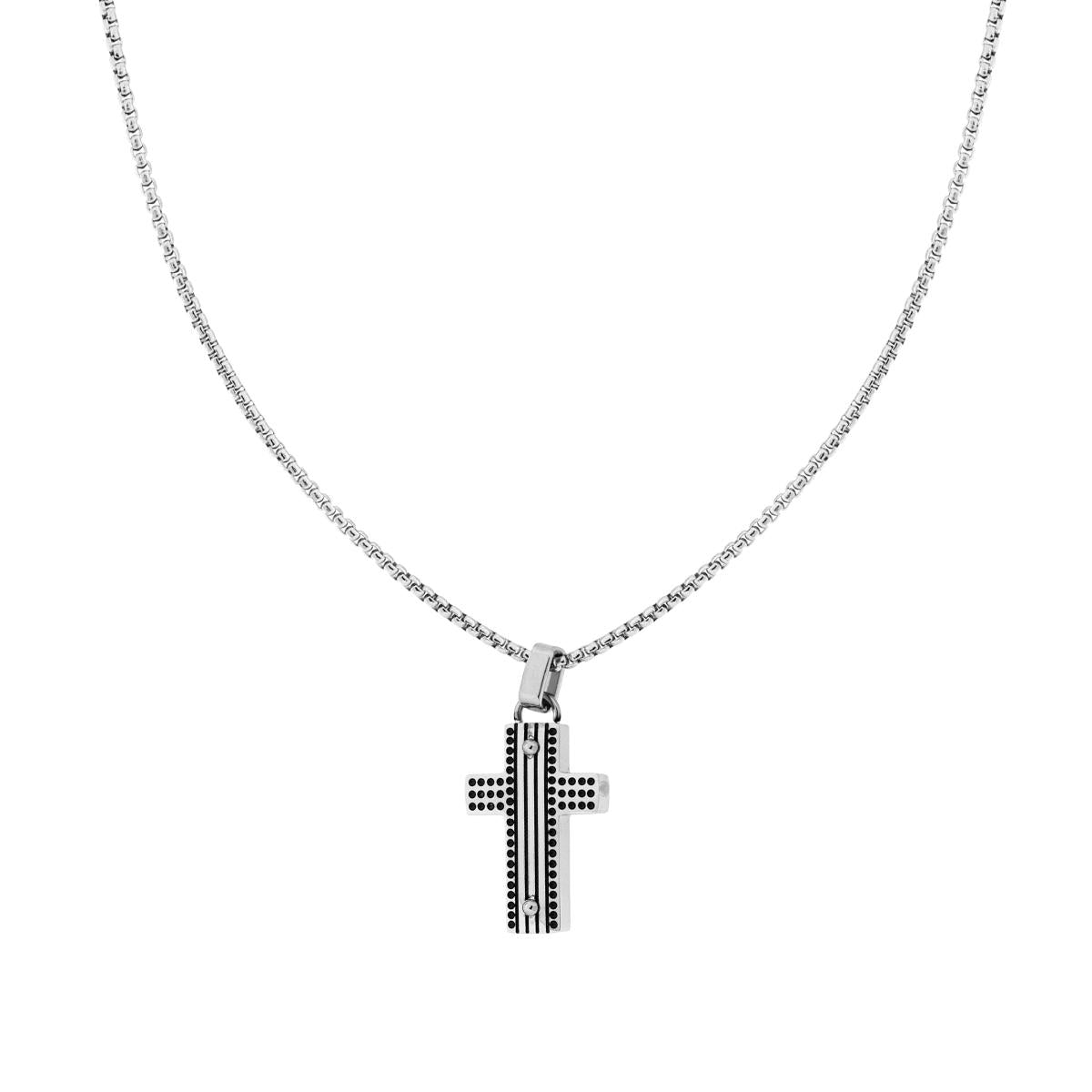 Collana Catena Veneziana Tonda e Croce con Decoro Pallinato in ACCIAIO