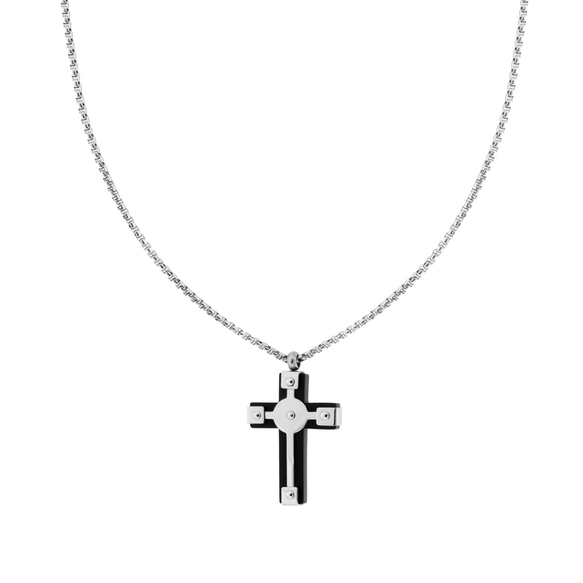 Collana Catena Veneziana Tonda e Croce con Dettaglio Nero in ACCIAIO
