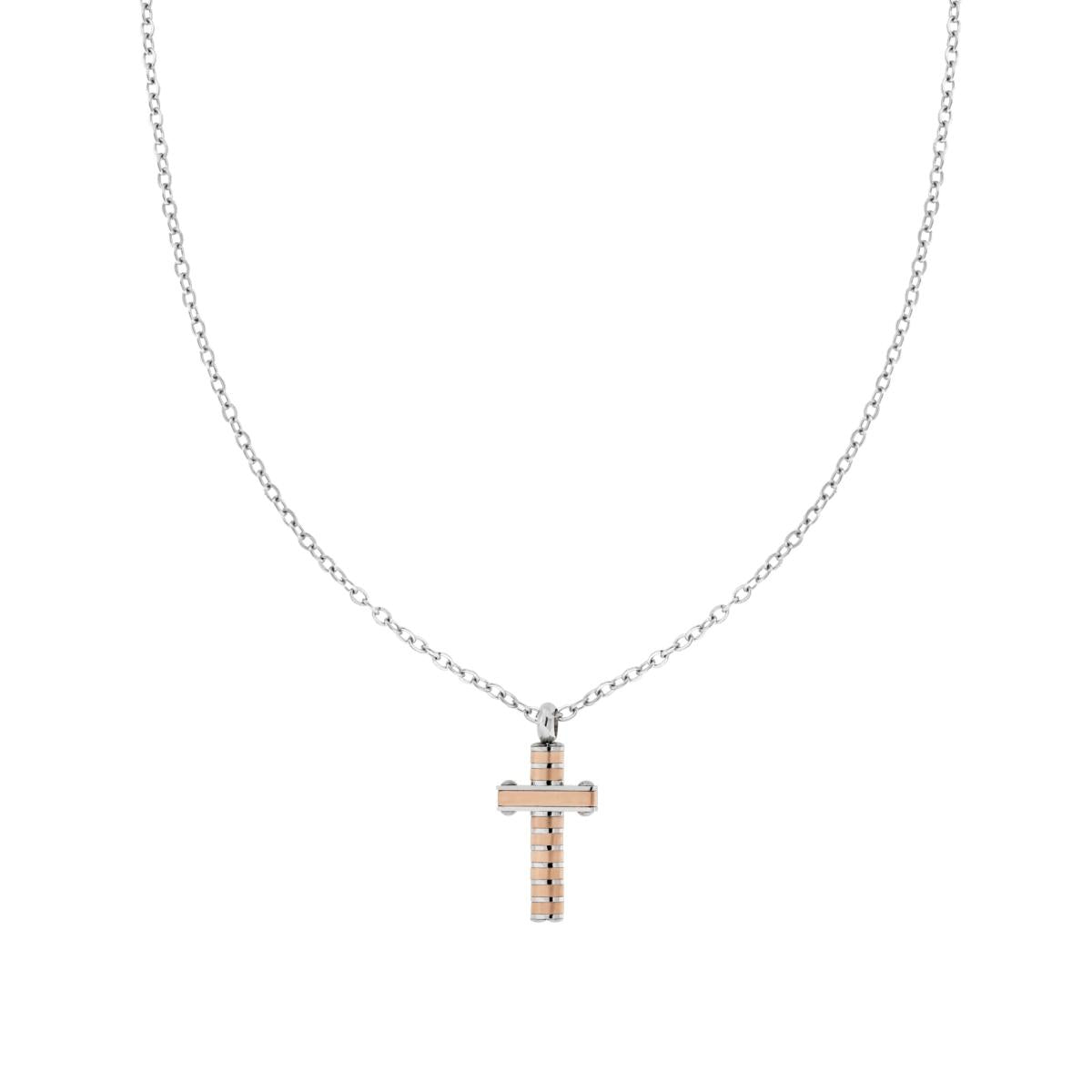 Collana Catena Forzatina Diamantata con Croce Rosa in ACCIAIO
