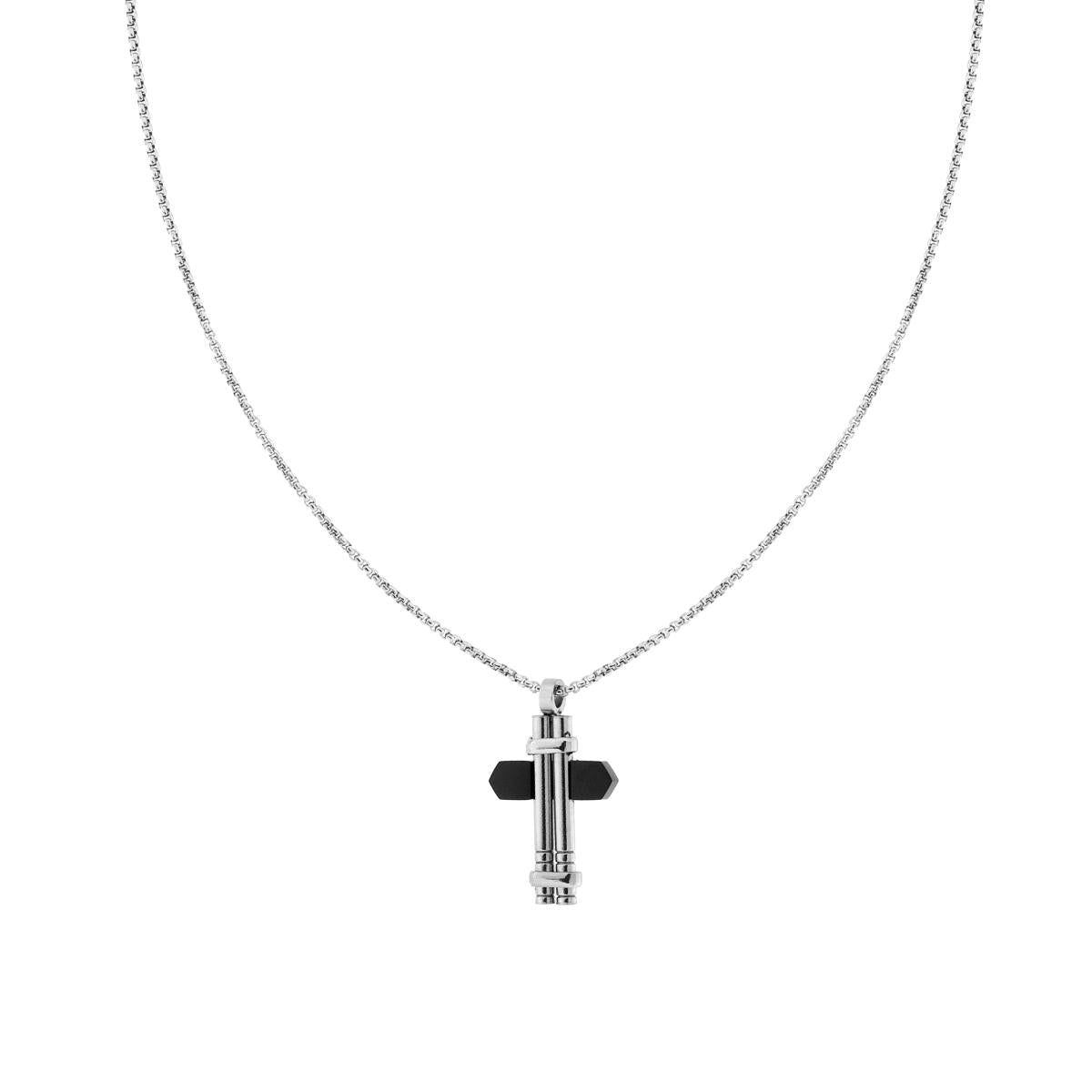 Collana Catena Veneziana Tonda e Croce con Dettaglio Nero in ACCIAIO