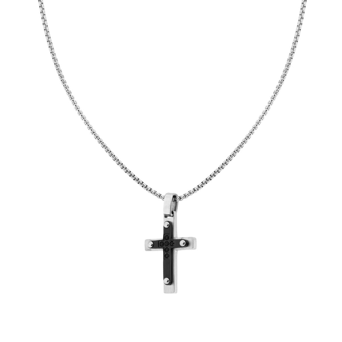 Collana Catena Veneziana Tonda con Croce con Piastra Nera e Crystal Neri in ACCIAIO