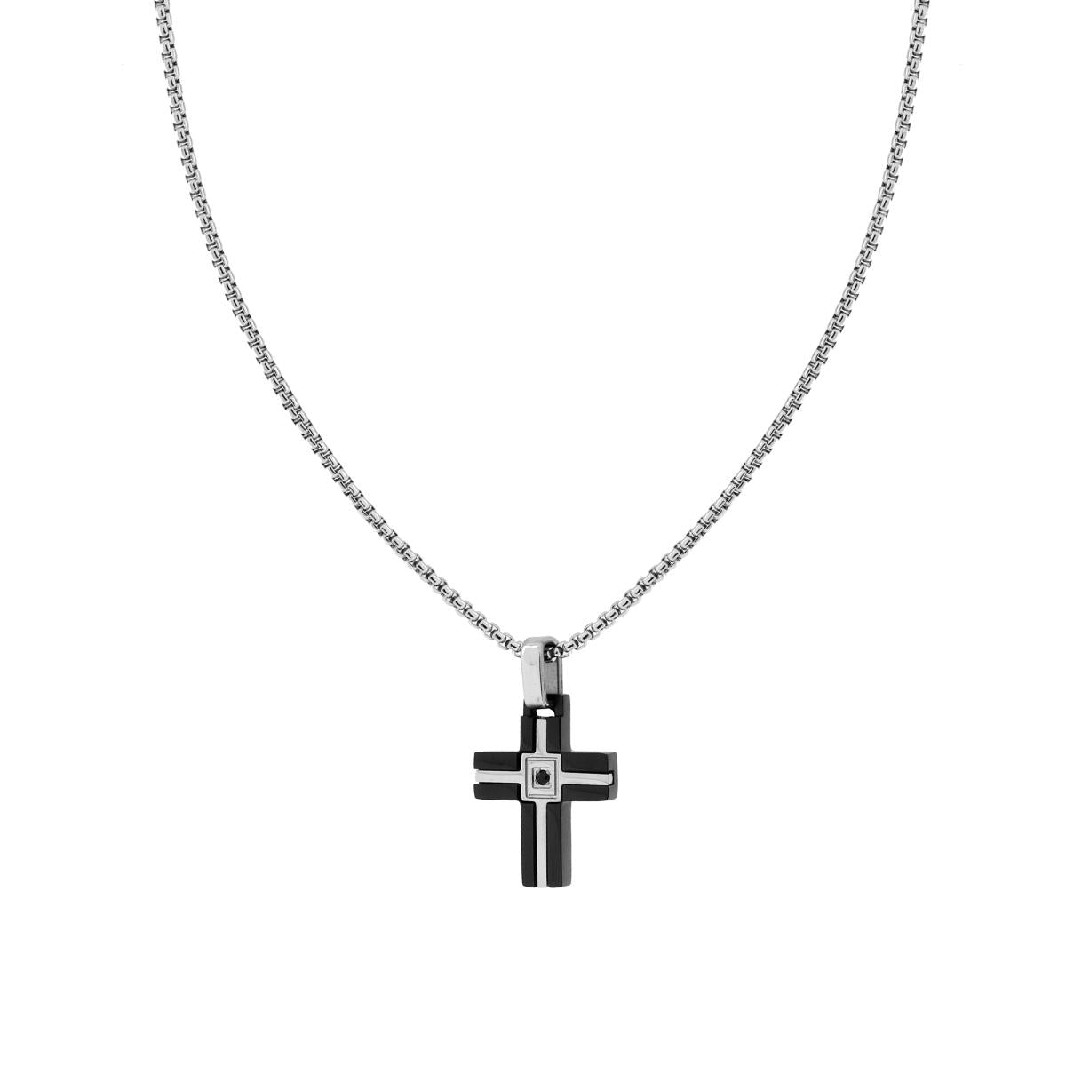 Collana Catena Veneziana Tonda con Croce Nera e Crystal Nero in ACCIAIO