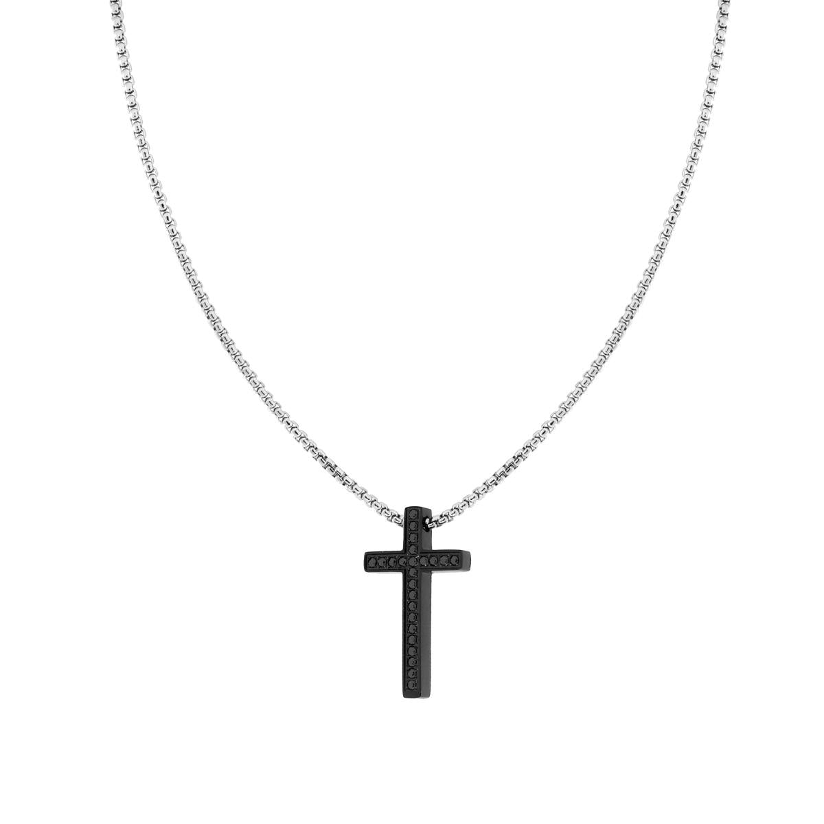 Collana Catena Veneziana Tonda con Croce Nera con Crystal Neri in ACCIAIO