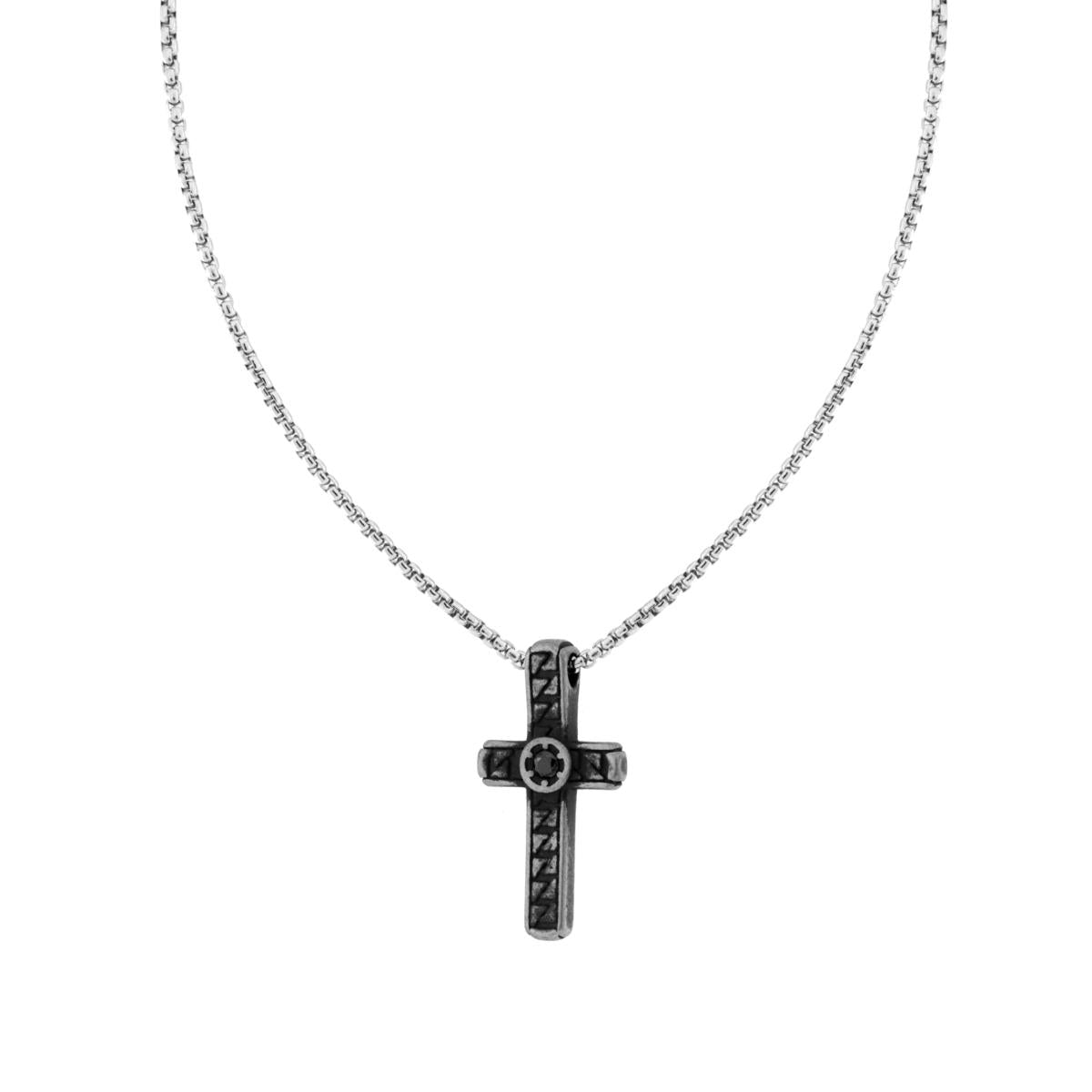 Collana Catena Veneziana Tonda con Croce Brunita e Crystal Nero in ACCIAIO