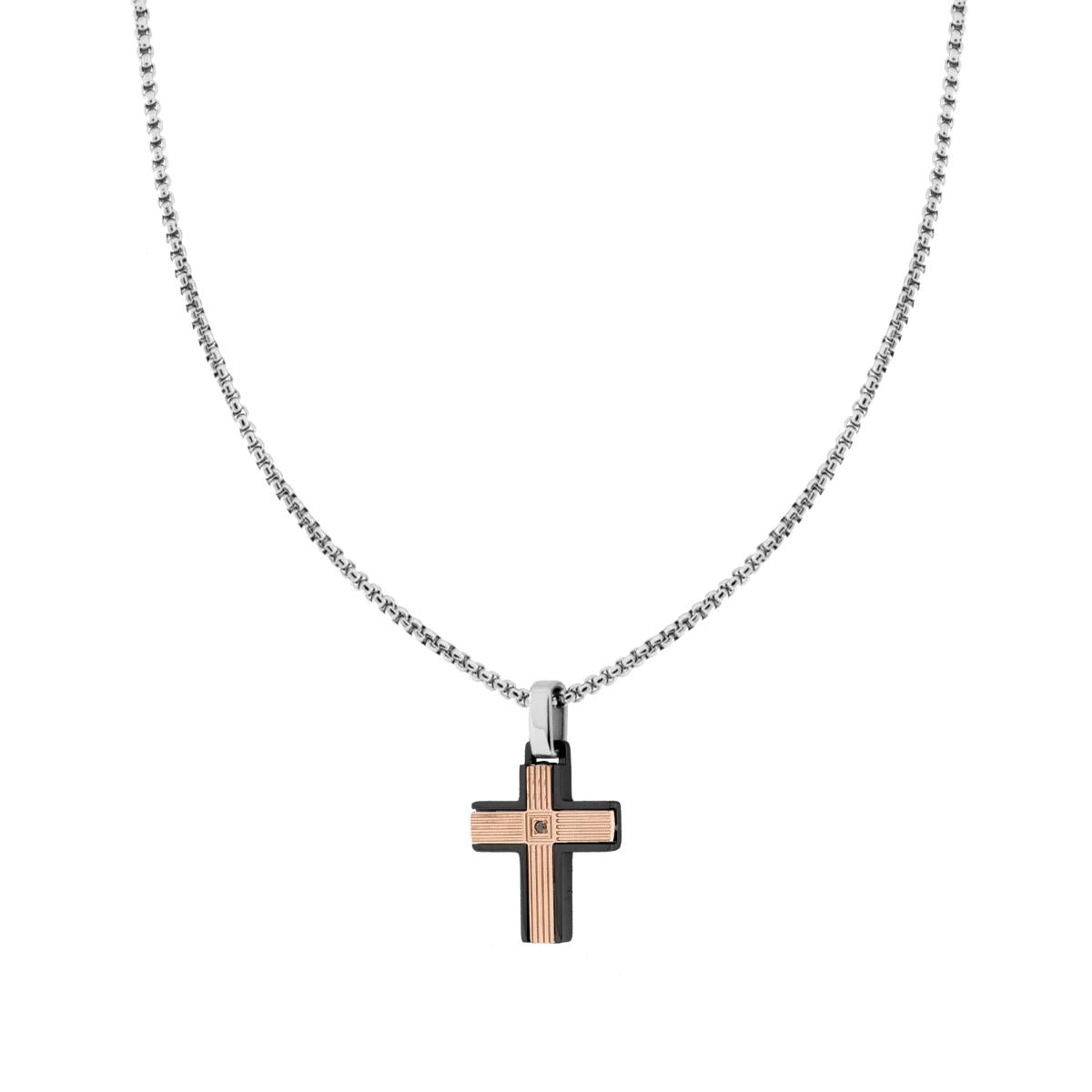 Collana Catena Veneziana Tonda con Croce Nera e Rosa Rigata con Crystal Nero in ACCIAIO