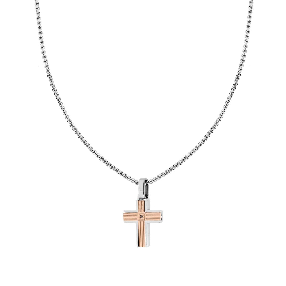 Collana Catena Veneziana Tonda con Croce Rosa Rigata con Crystal Nero in ACCIAIO