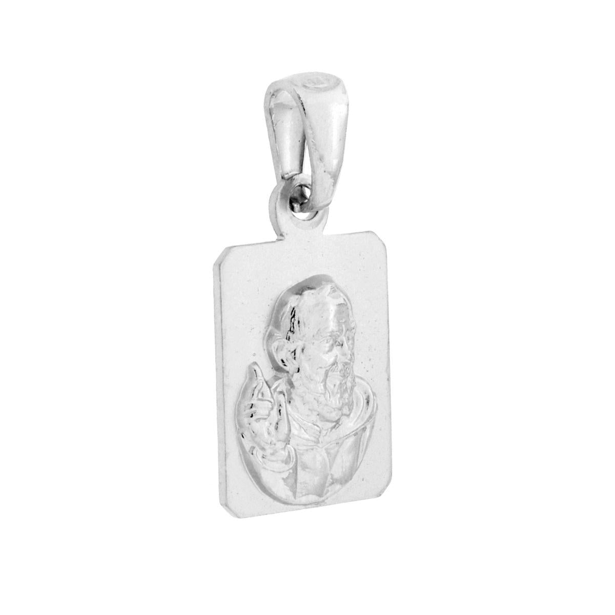 Ciondolo Medaglia Rettangolare con Padre Pio in ARGENTO 925 Galvanica Rodio