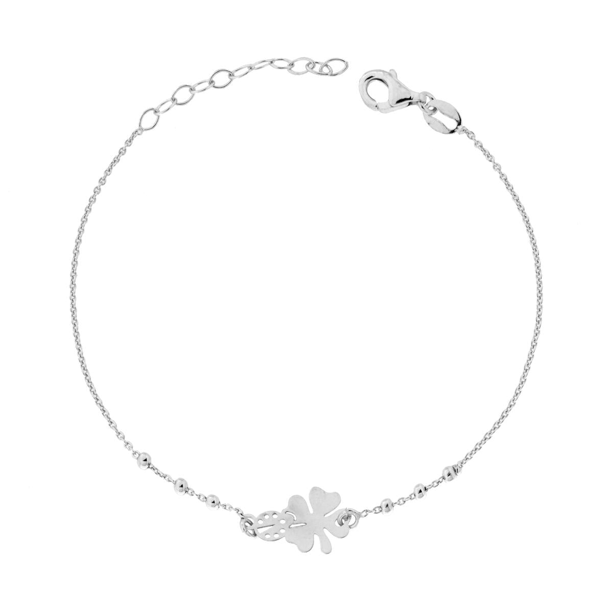 Bracciale Forzatina Diamantata con Quadrifoglio e Coccinella in ARGENTO 925 Galvanica Rodio
