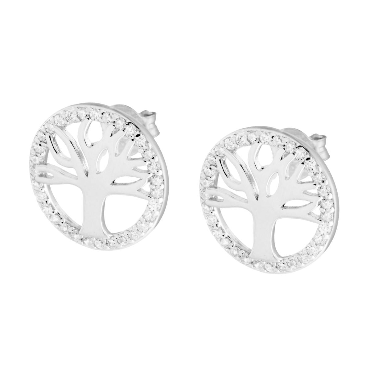 Orecchini Albero della Vita con Cubic Zirconia Bianchi in ARGENTO 925 Galvanica Rodio