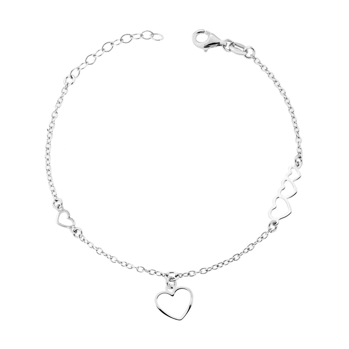 Bracciale Catena Forzatina con Cuori in ARGENTO 925 Galvanica Rodio