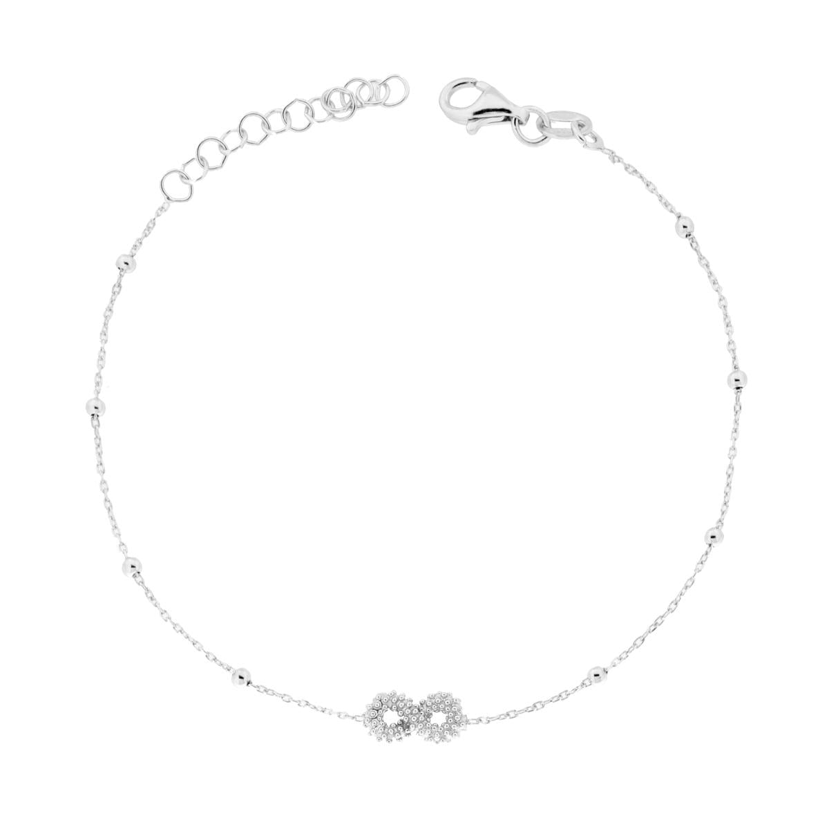 Bracciale Catena Forzatina Diamantata con Infinito Pallinato in ARGENTO 925 Galvanica Rodio