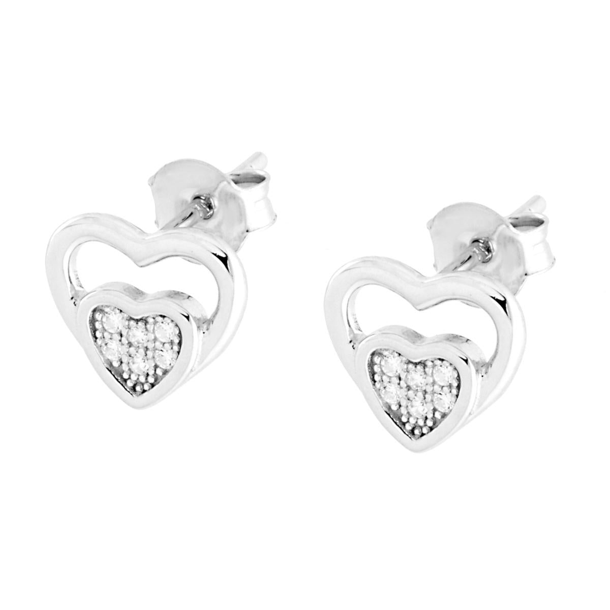 Orecchini Cuore con Cubic Zirconia Bianchi in ARGENTO 925 Galvanica Rodio