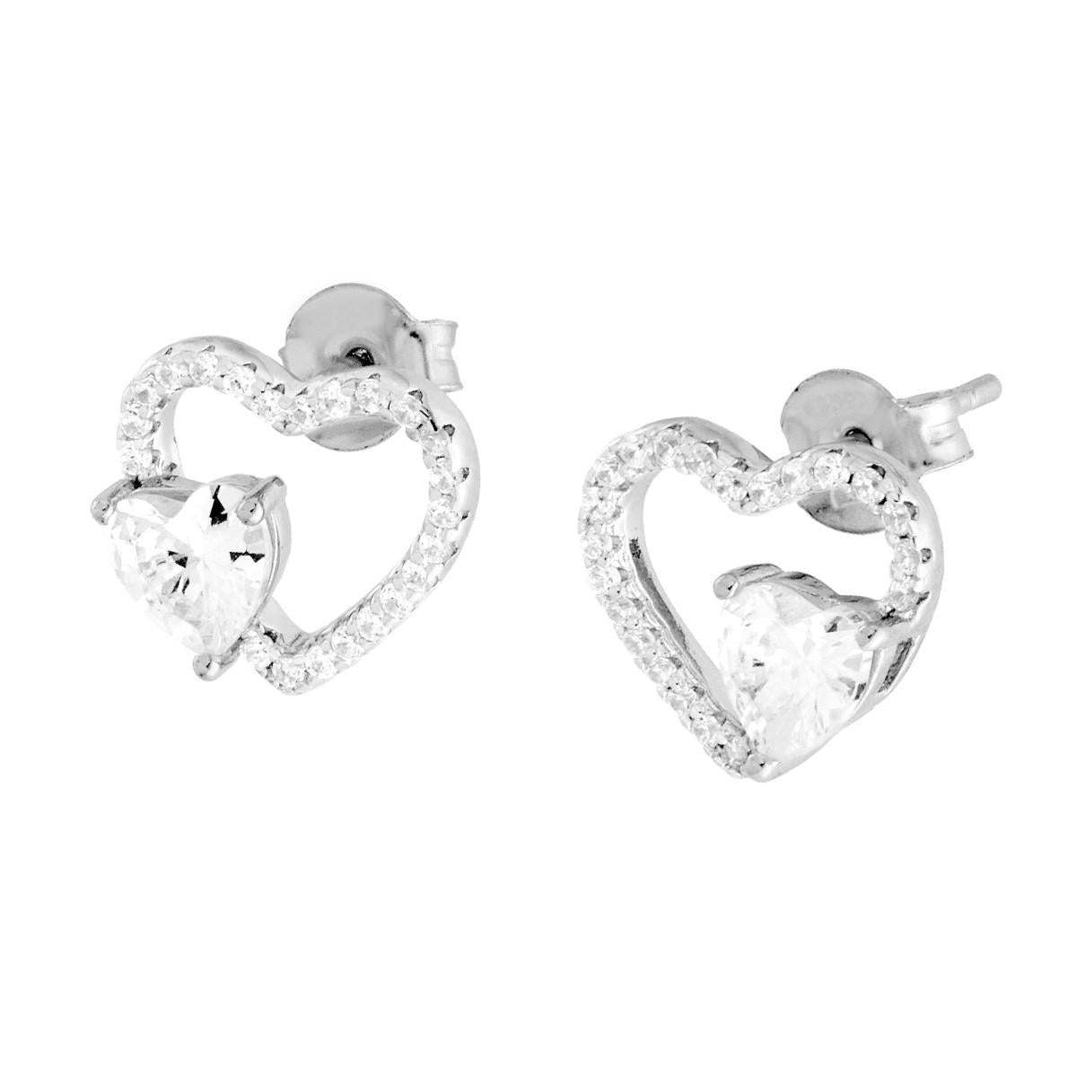 Orecchini Cuore con Cubic Zirconia Bianchi in ARGENTO 925 Galvanica Rodio