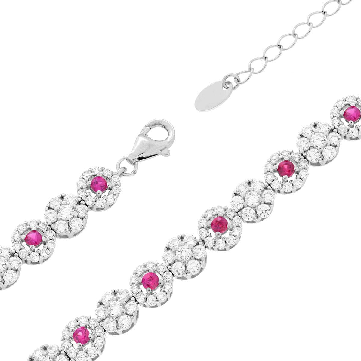 Bracciale Tennis Fiori con Cubic Zirconia Rosso Rubino e Bianchi in ARGENTO 925 Galvanica Rodio