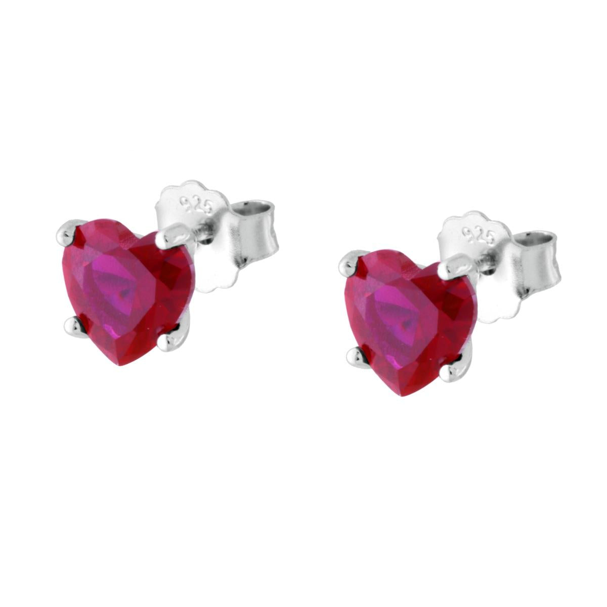 Orecchini Punto Luce Cuore mm 7 Cubic Zirconia Rosso Rubino in ARGENTO 925 Galvanica Rodio