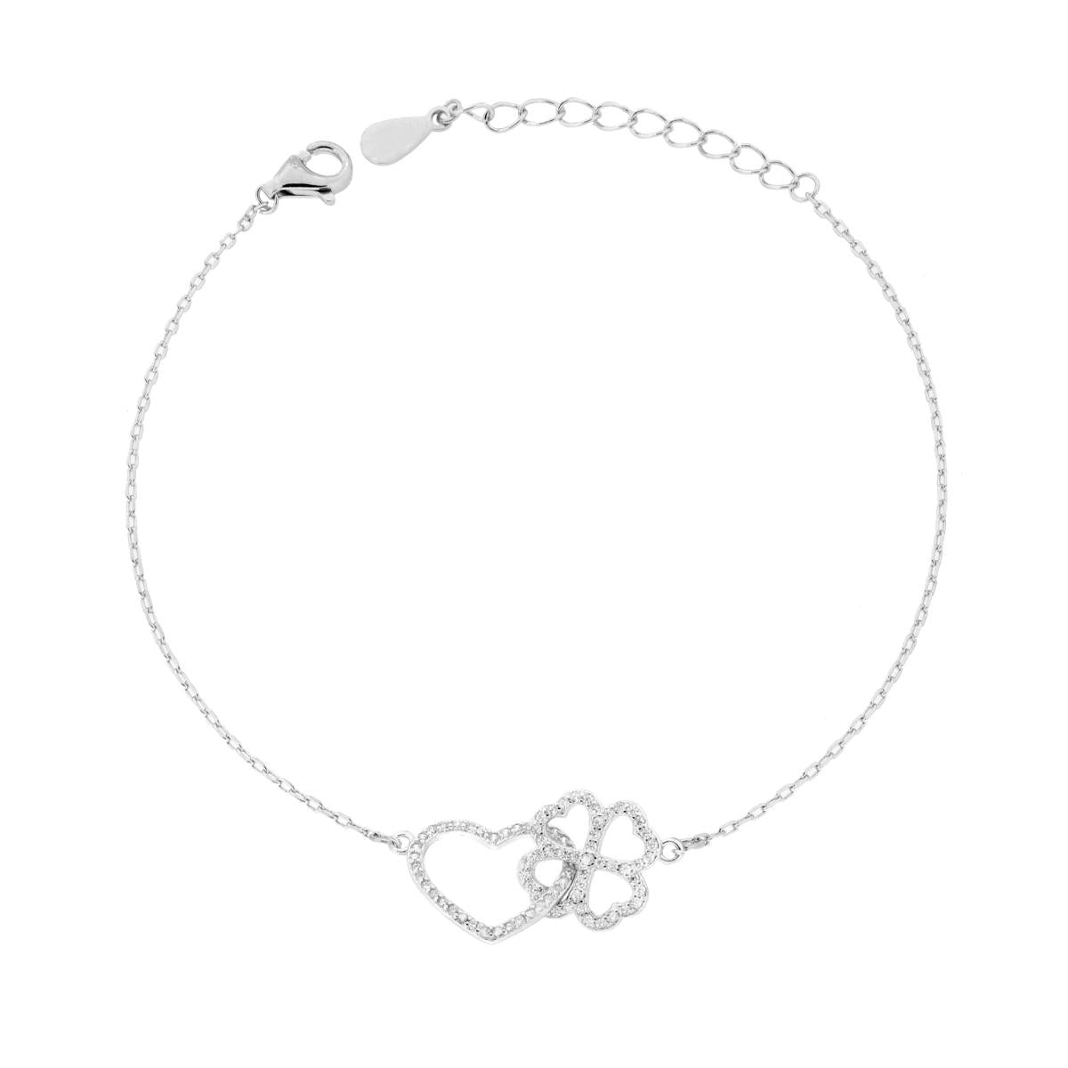 Bracciale Catena Forzatina Diamantata con Cuore e Quadrifoglio Incrociati e Cubic Zirconia Bianchi in ARGENTO 925 Galvanica Rodio