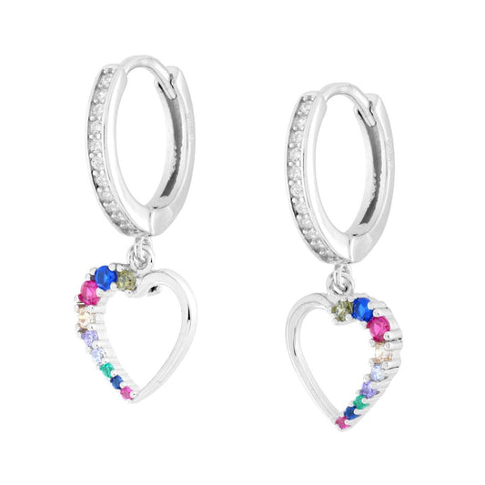 Orecchini Cerchio con Cuore e Cubic Zirconia Multicolor in ARGENTO 925 Galvanica Rodio