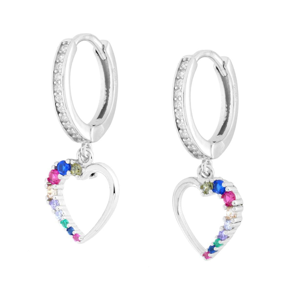 Orecchini Cerchio con Cuore e Cubic Zirconia Multicolor in ARGENTO 925 Galvanica Rodio