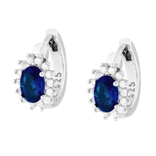 Orecchini Cerchio con Ovale Blu Zaffiro contornato da Cubic Zirconia Bianchi in ARGENTO 925 Galvanica Rodio