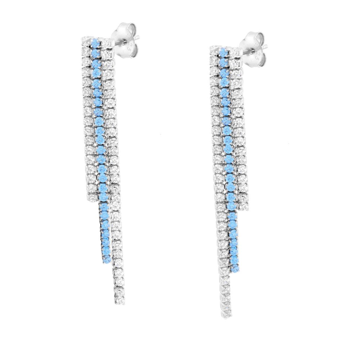 Orecchini tre fili Tennis con Cubic Zirconia Acquamarina e Bianchi in ARGENTO 925 Galvanica Rodio