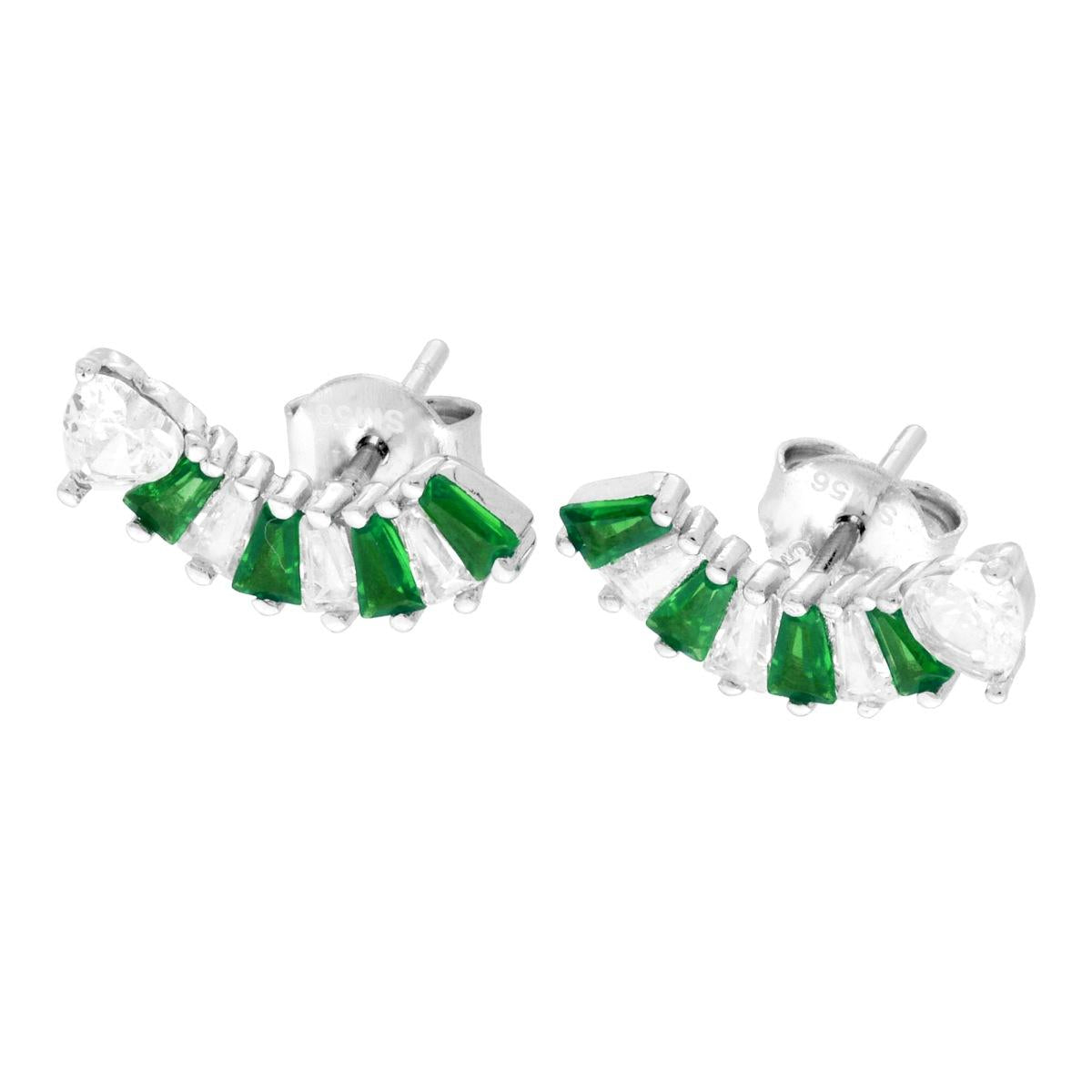 Orecchini con Cuore e Cubic Zirconia Verde Smeraldo e Bianco taglio Trapezio in ARGENTO 925 Galvanica Rodio