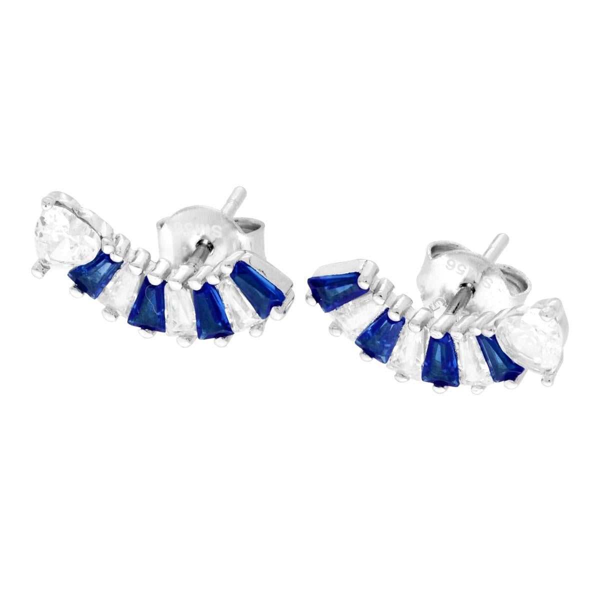 Orecchini con Cuore e Cubic Zirconia Blu Zaffiro e Bianco taglio Trapezio in ARGENTO 925 Galvanica Rodio