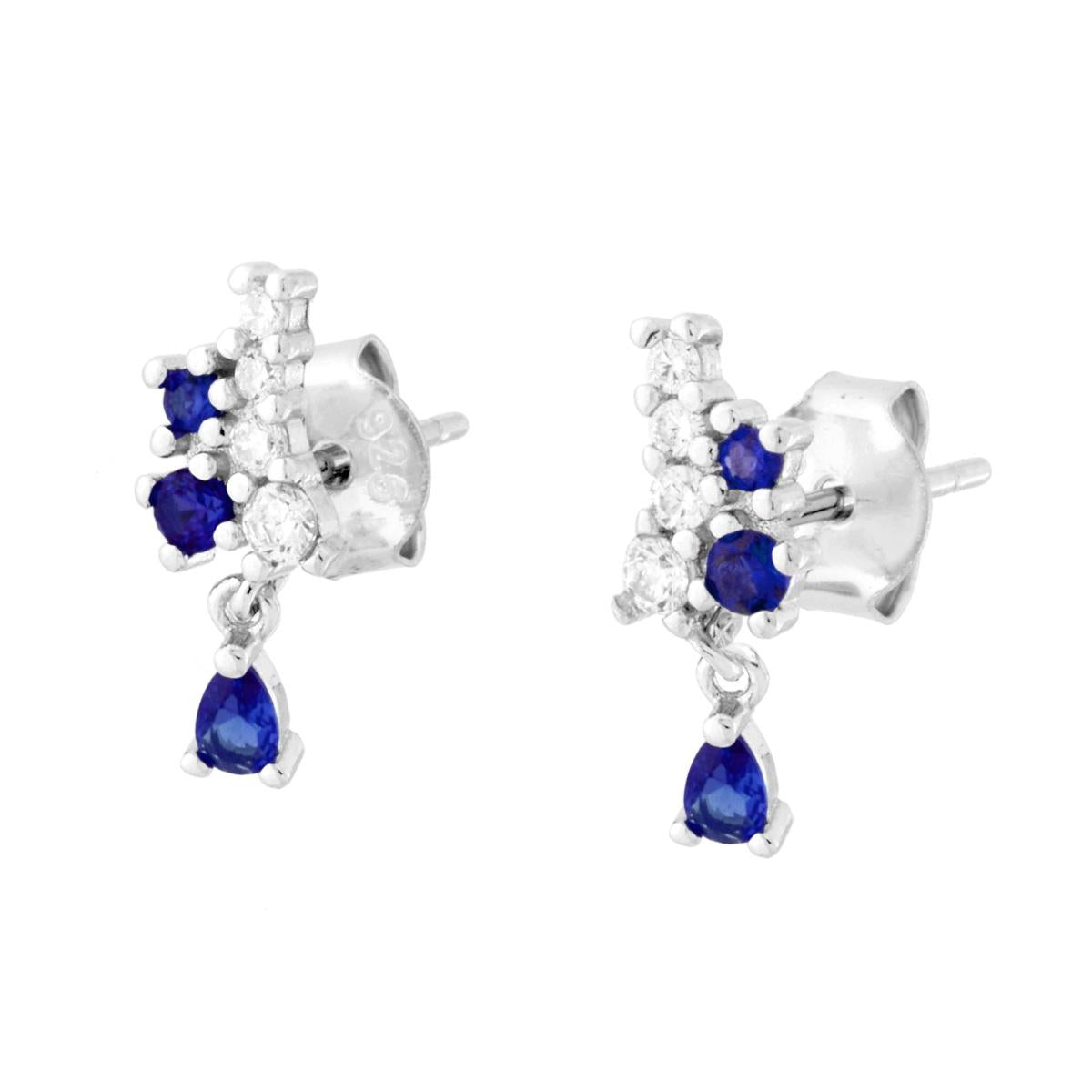 Orecchini con Cubic Zirconia Bianchi e Blu Zaffiro pendenti in ARGENTO 925 Galvanica Rodio