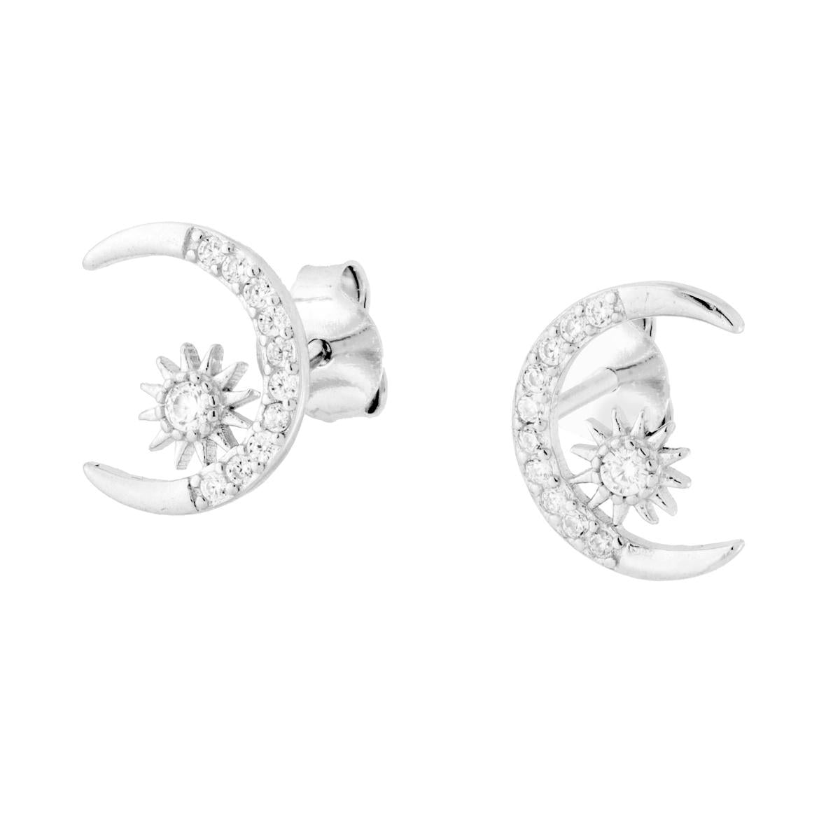Orecchini Luna e Sole con Cubic Zirconia Bianchi in ARGENTO 925 Galvanica Rodio
