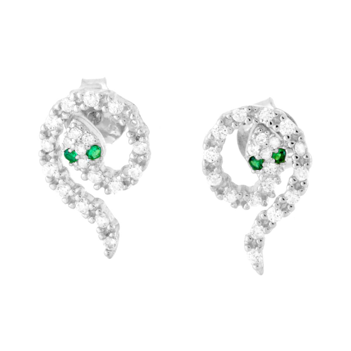 Orecchini Serpente con Cubic Zirconia Bianchi e Verde Smeraldo in ARGENTO 925 Galvanica Rodio