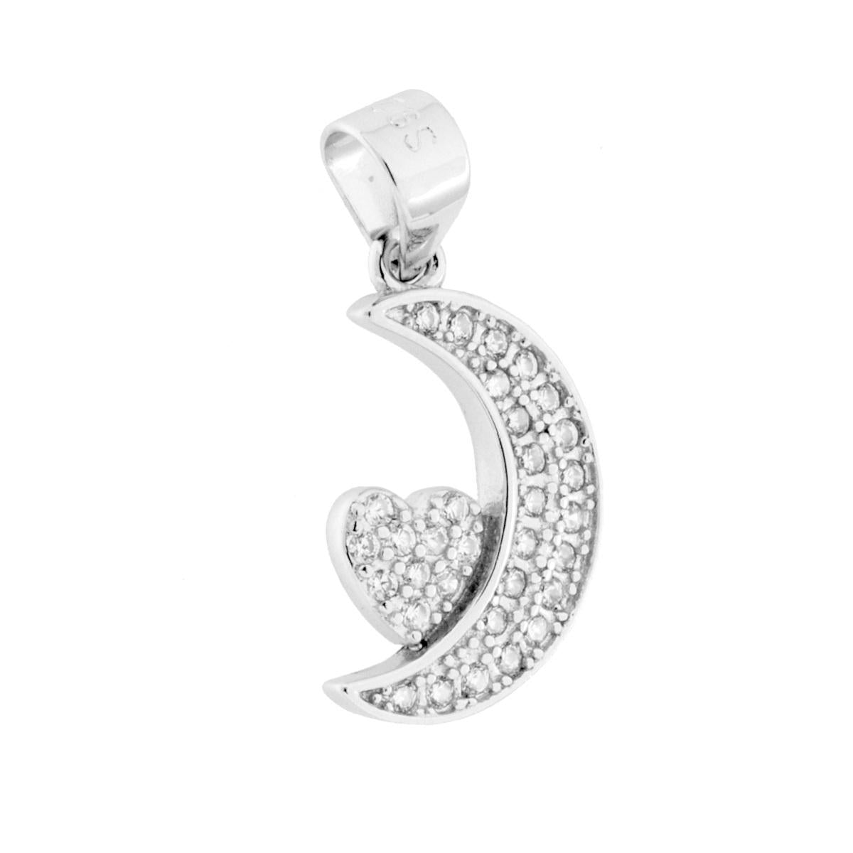 Ciondolo Luna Cuore con Cubic Zirconia Bianchi in ARGENTO 925 Galvanica Rodio