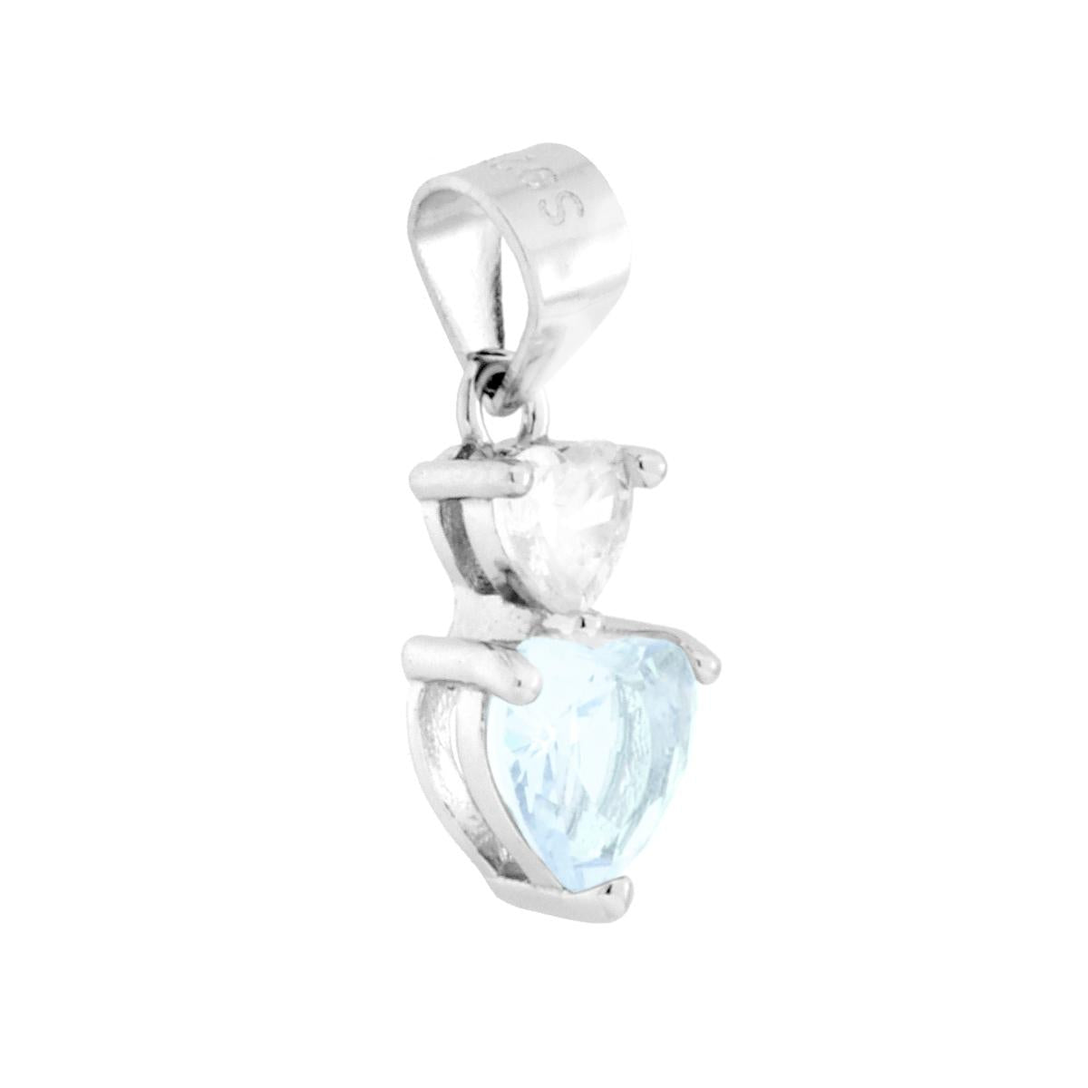 Ciondolo Punto Luce Cuori Cubic Zirconia Bianco e Acquamarina in ARGENTO 925 Galvanica Rodio