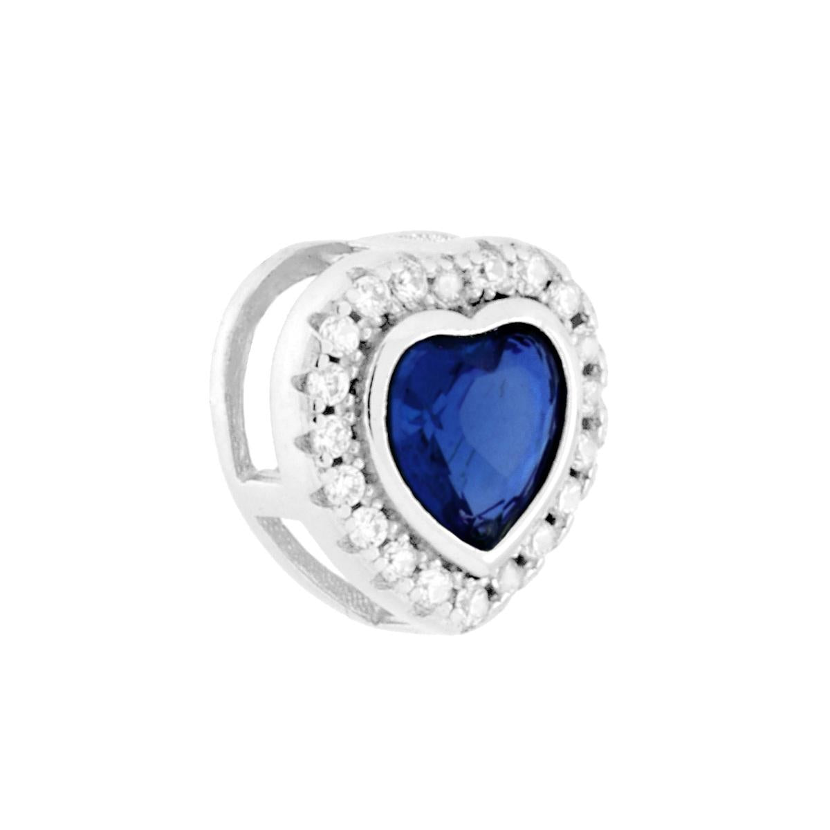 Ciondolo Cuore Blu Zaffiro contornato da Cubic Zirconia Bianchi in ARGENTO 925 Galvanica Rodio