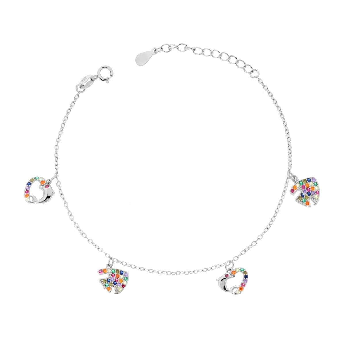 Bracciale Catena Forzatina con Cuori Pesci e Cubic Zirconia Multicolor in ARGENTO 925 Galvanica Rodio