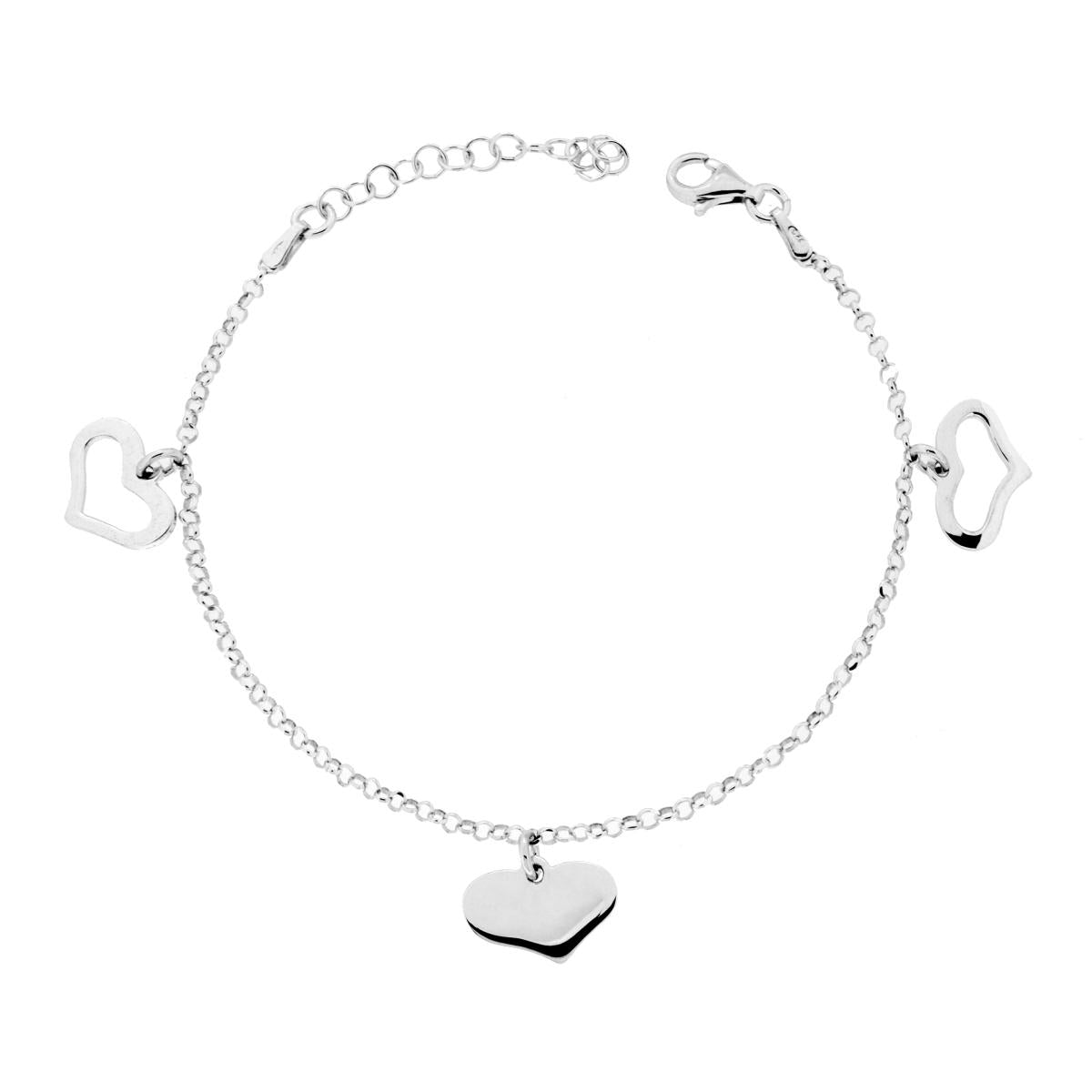 Bracciale Catena Rolo Diamantata con Cuori pendenti in ARGENTO 925 Galvanica Rodio