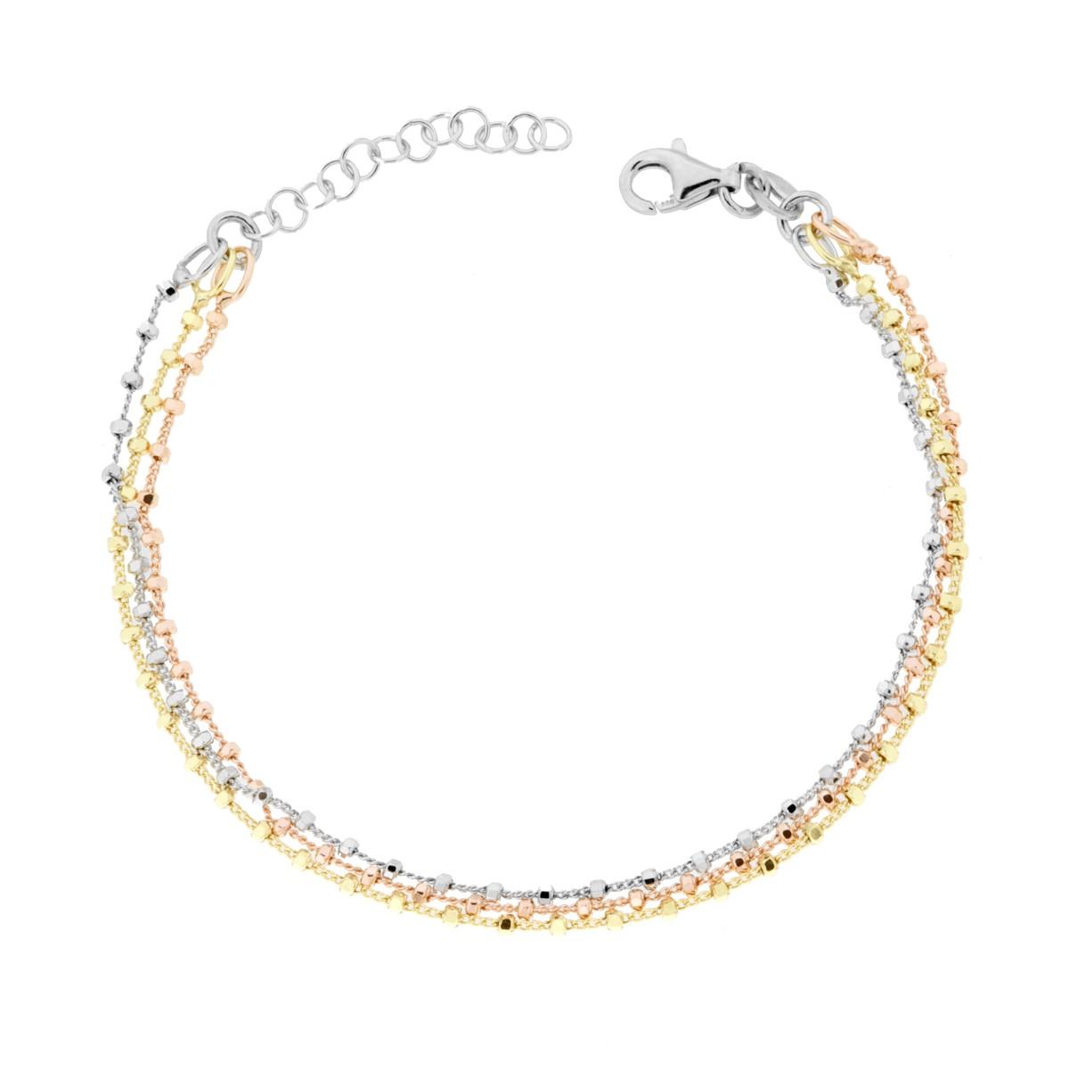 Bracciale tre fili Catena Grumetta con Cilindretti Diamantati in ARGENTO 925 Galvanica Rodio Oro e Rosa