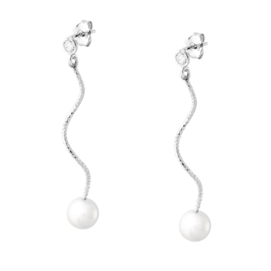 Orecchini Lunghi con Punto Luce Cubic Zirconia Bianco Ricciolo e Perla in ARGENTO 925 Galvanica Rodio