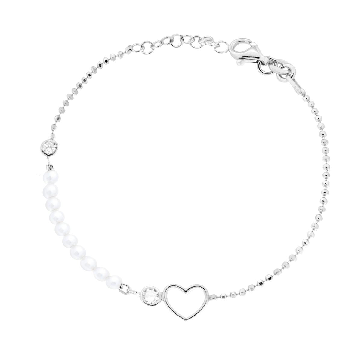 Bracciale Catena Palline Diamantate con Cuore Cubic Zirconia Bianchi e Perle in ARGENTO 925 Galvanica Rodio