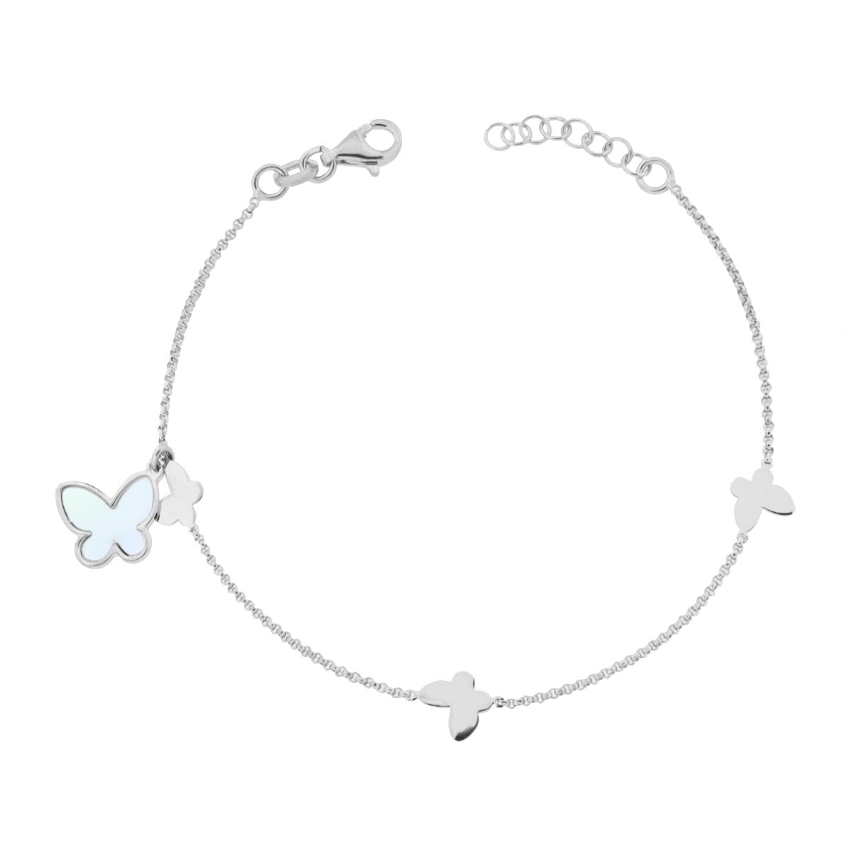 Bracciale Catena Rolo Diamantata con Farfalle e Madreperla in ARGENTO 925 Galvanica Rodio