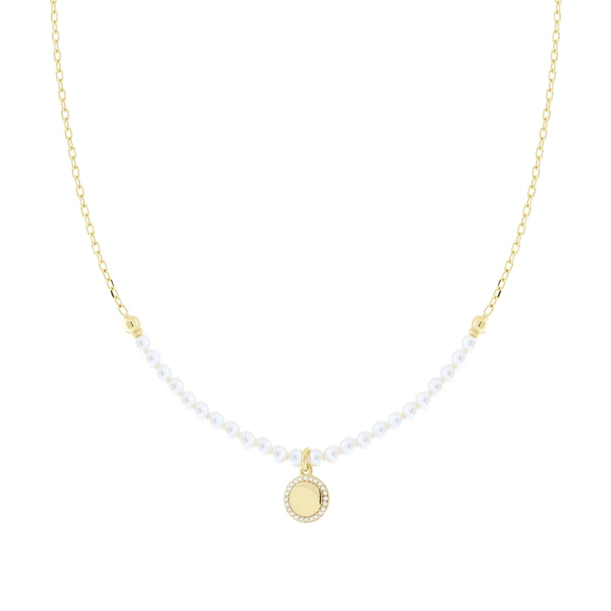 Collana con Catena Forzatina Diamantata e Filo Perla Bianca in vetro perlato con Tondo e Cubic Zirconia Bianchi in ARGENTO 925 Galvanica Oro